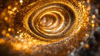 Swirling golden particles form luminous spiral pattern against dark background, creating magical cosmic effect with glowing bokeh lights and shimmering dust movement.
