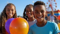 Young African American children smiling and laughing at summer carnival with colorful balloons, ferris wheel in background, expressing joy and happiness during outdoor fun.
