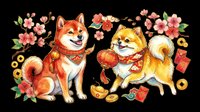 Two cheerful Shiba Inu dogs wearing red traditional accessories surrounded by pink flowers, gold coins, and red envelopes on transparent background. Ready for t-shirt designs, stickers, clipart, and print-on-demand products.