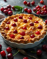 Fresh cherry pie with golden lattice crust in white ceramic dish, surrounded by scattered ripe cherries and green leaves on dark rustic surface. Food photography.