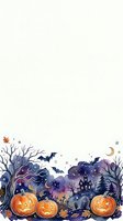 Watercolor Halloween border with jack-o-lanterns, bats, haunted house, and crescent moon on white background, isolated for cards and design.