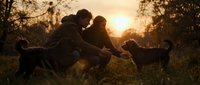 Happy family with dog enjoying golden hour sunset in park creating warm bonding moment together outdoors during peaceful evening time.