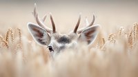 Young male deer with antlers peering through tall golden wheat field in soft morning light, creating dreamy atmospheric nature scene.