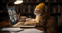 Orange tabby cat wearing yellow knit beanie working on laptop computer in cozy home office library setting with warm lighting and coffee cup.