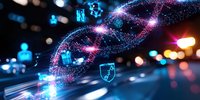 Glowing DNA helix with digital security shields floating in abstract cyber environment against blurred blue technology background with bokeh lights.