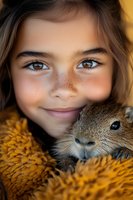 Young girl with freckles and brown eyes smiling while holding small rodent pet against yellow knitted sweater, close-up portrait in warm autumn tones.
