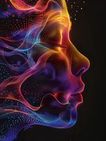 Abstract digital particle profile featuring vibrant gradient waves in purple, orange and blue tones against dark background, creating flowing motion effect.