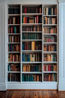 Classic built-in white bookshelf filled with vintage hardcover books in various sizes and colors against light gray wall, wooden floor beneath. Library interior.