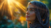 Young Middle Eastern woman in hijab gazing upward at golden sunbeams streaming through trees, with magical sparkles and bokeh creating ethereal atmosphere at sunset.