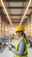 Female engineer wearing yellow hard hat and high-visibility vest using digital tablet in modern factory with industrial machinery and bright overhead lighting for manufacturing, safety, and technology concepts.