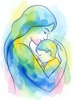 Watercolor mother holding newborn baby in tender embrace with colorful blue green yellow pink artistic style for motherhood and parenting designs.