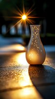 Luminous ceramic vase with glowing perforations at sunset, creating magical light patterns on wet surface. Golden sunburst and reflections add atmospheric mood.
