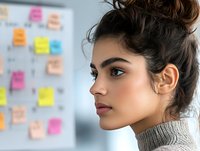 Young mixed race woman with messy bun hairstyle in profile view against blurred sticky notes background, wearing turtleneck sweater, natural makeup look.