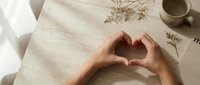 Hands forming a heart shape on a light wooden desk with dried flowers and a mug, top view, love and care concept.