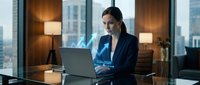 Focused businesswoman in navy suit working on laptop with glowing holographic growth chart and 2024-2025 data projection in modern office.