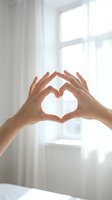 Hands forming a heart shape against a bright white window, symbolizing love, care, and positivity in a cozy indoor setting.