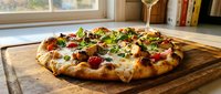 Freshly baked pizza with melted cheese, tomato sauce, and colorful vegetable toppings served on wooden board in bright kitchen setting.
