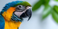 Close up portrait of blue and gold macaw parrot head showing detailed feathers and curved beak against soft blurred background. Vibrant tropical bird photography.
