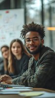 Young African American male student with glasses and natural hair smiling during group study session in modern office space. Colleagues visible in background.