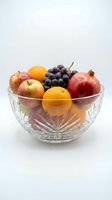 Crystal glass bowl filled with fresh mixed fruits including apples, oranges, grapes, and pomegranate on a white background.