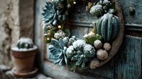 Rustic holiday wreath with succulents, pinecones and ornaments on weathered wooden door creates festive winter decoration for seasonal home decor projects.
