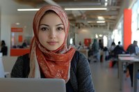 Young Middle Eastern woman wearing hijab working on laptop in modern office space. Professional female employee in traditional headscarf smiling at workplace.