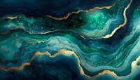 Abstract fluid art with flowing teal, emerald and navy blue waves accented by golden veins. Luxury marble texture for modern interior design and backgrounds.