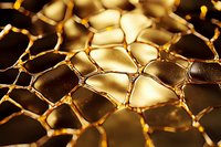 Golden metallic honeycomb structure with dramatic lighting creates abstract geometric pattern, highlighting cellular network texture and luxurious reflective surface.