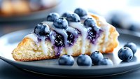 Fresh blueberry cheesecake slice with creamy vanilla filling and sweet berry topping, garnished with whole blueberries on dark plate, macro food photography.
