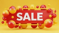 Red sale banner with glossy spheres on yellow background for promotional marketing campaigns and discount advertising.