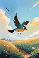 Cheerful cartoon bird flying over summer countryside path through golden wheat fields. Whimsical art style with soft clouds and warm lighting creates magical atmosphere.