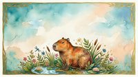 Capybara resting among water lilies and aquatic plants in natural habitat, surrounded by lush vegetation and flowers, watercolor style illustration with soft blue sky and clouds, isolated on white background for design use.