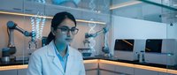 Young South Asian female scientist in lab coat and glasses surrounded by holographic DNA and skeleton displays in futuristic laboratory.