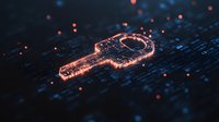 Digital security concept with glowing orange key symbol on circuit board pattern background, representing cybersecurity and data protection solutions.