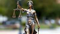 Bronze statue of Lady Justice holding scales and sword, blindfolded, symbolizing fairness and impartiality in legal system against blurred green background.