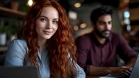 Young woman with long red wavy hair wearing light blue shirt smiling at camera while working at laptop with male colleague in modern office environment.