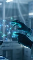 Hands in black gloves touching glowing digital network nodes and connections against blurred modern office background, representing technology innovation and data connectivity.