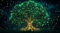 Magical glowing tree with sparkling green lights and golden trunk against starry night sky background, creating ethereal fantasy atmosphere.