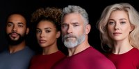 Diverse group of four people wearing red and dark clothing against black background, featuring mature bearded man, young blonde woman, African American man and woman.