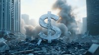 Dramatic dollar sign emerging from urban ruins with dark smoke and skyscrapers, symbolizing financial crisis, economic collapse and market uncertainty.