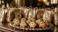 Festive gingerbread men cookies with smiling faces arranged on vintage silver platter, with decorated gift bags in background creating holiday atmosphere.