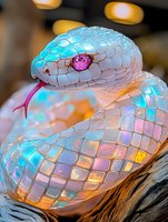 Iridescent snake with holographic scales in pastel colors coiled on dark wood. Pink crystal eyes and forked tongue create mystical fantasy creature appearance.