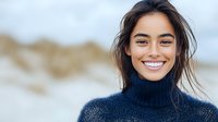 Young Hispanic woman with bright smile wearing navy turtleneck sweater outdoors on cloudy day, wind blowing through dark hair, natural makeup look and glowing skin.