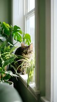 Tabby cat sitting on a sunlit windowsill surrounded by lush green houseplants including monstera and fern indoors.