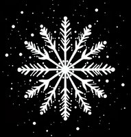 White detailed snowflake on black background with scattered snow dots. Isolated winter holiday design element for seasonal decorations and cards.