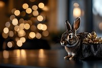 Adorable brown rabbit sitting near golden Christmas decorations with blurred bokeh lights in background creating magical holiday atmosphere and warm ambiance.