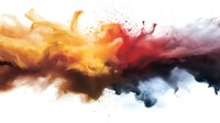 Vibrant orange and red ink clouds blend with dark and blue tones against white background, creating dynamic fluid art movement for creative design projects.