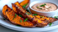 Roasted sweet potato wedges seasoned with black sesame seeds and fresh herbs, served with creamy dipping sauce on white ceramic plate, macro food photography.