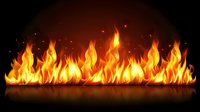 Bright orange flames burning on dark background with glowing sparks and reflective surface, realistic fire effect for design projects and creative compositions.
