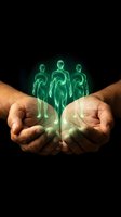 Cupped hands holding glowing green holographic human figures representing healthcare protection, medical innovation and digital wellness technology.
